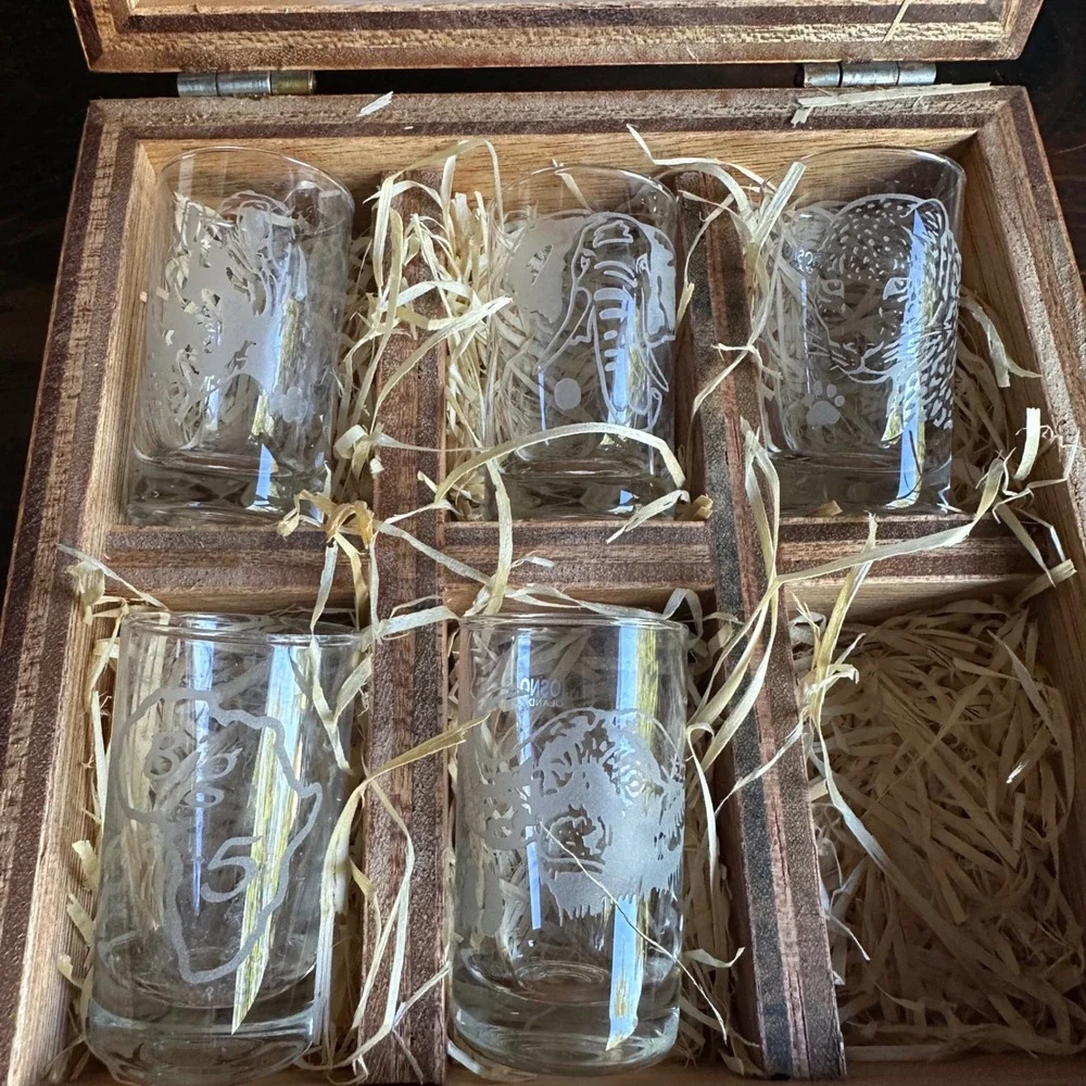 Krosno Poland Big 5 African Wildlife Etched Shot Glass Set 5pc Slatted Wood Box